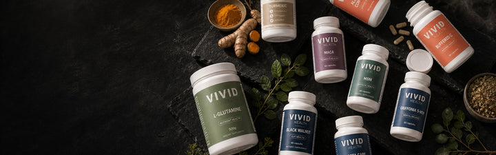 Vivid Health bottles in warm light