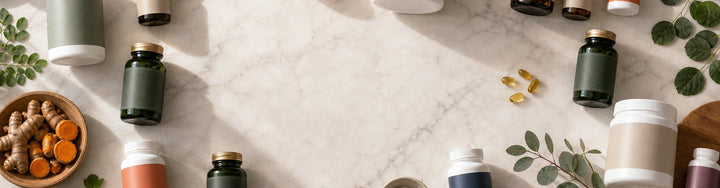Supplement bottles arranged on a marble counter