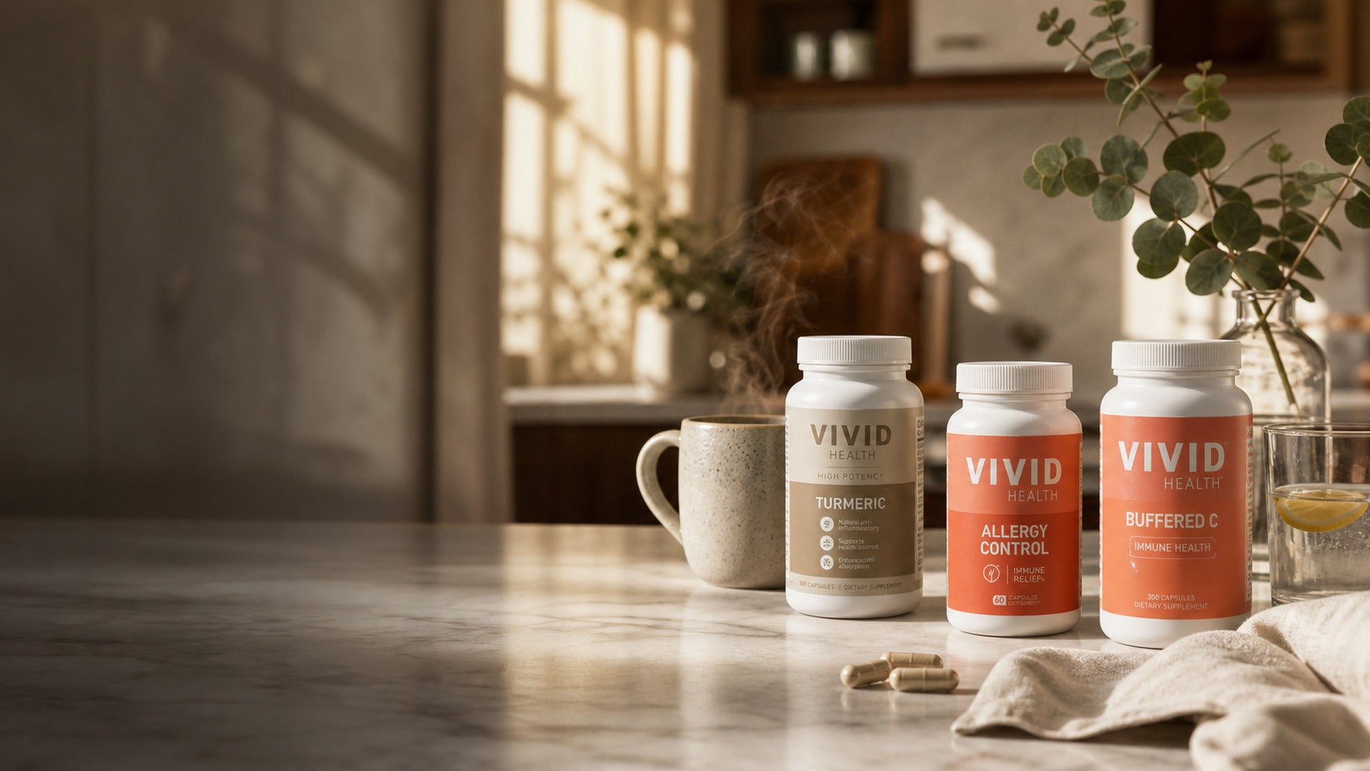Vivid Health formulations in a premium studio kitchen scene